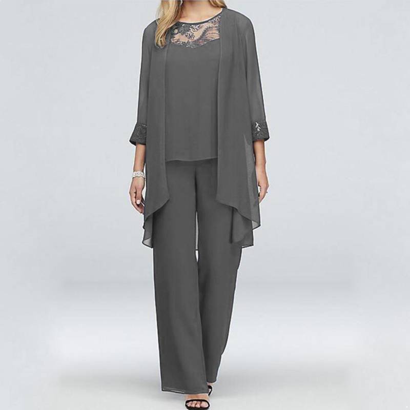 Hosenanzüge für die Mutter der Braut, 3-teilig, für Damen, Hochzeit, formelles Outfit-Set, Chiffon-Abendkleid, Übergröße M graue von Joom DACH