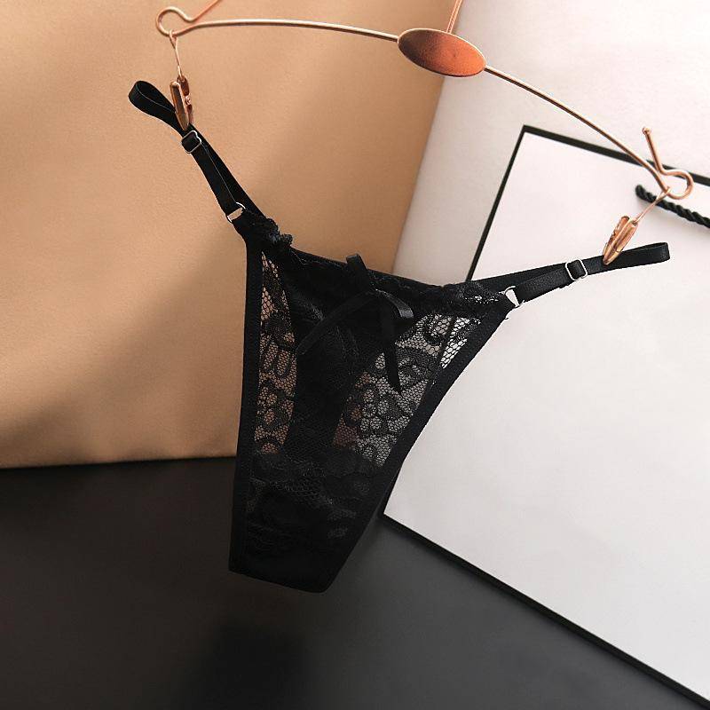 Hottie verstellbare dünne Riemen-Tangas, niedrige Taille, transparente Spitzenhöschen, G-String-Unterhose, Damen-Dessous M schwarz von Joom DACH