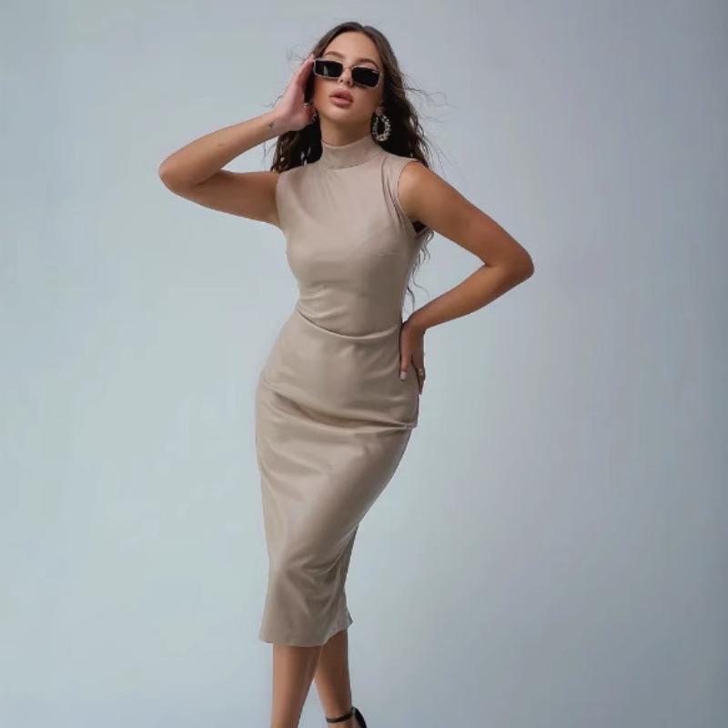 Hüftbedeckendes Schlitzkleid für Damen, hochgeschlossen, ärmellos, taillenbetonender PU-Lederrock M von Joom DACH