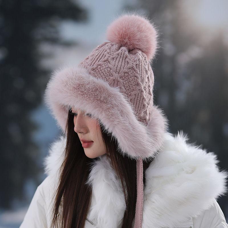 Hüte für Damen Herbst und Winter Reiten Winddicht Plus Pompon Strickmütze Verdickter Ohrenschutz Warme Mütze One size rosa von Joom DACH