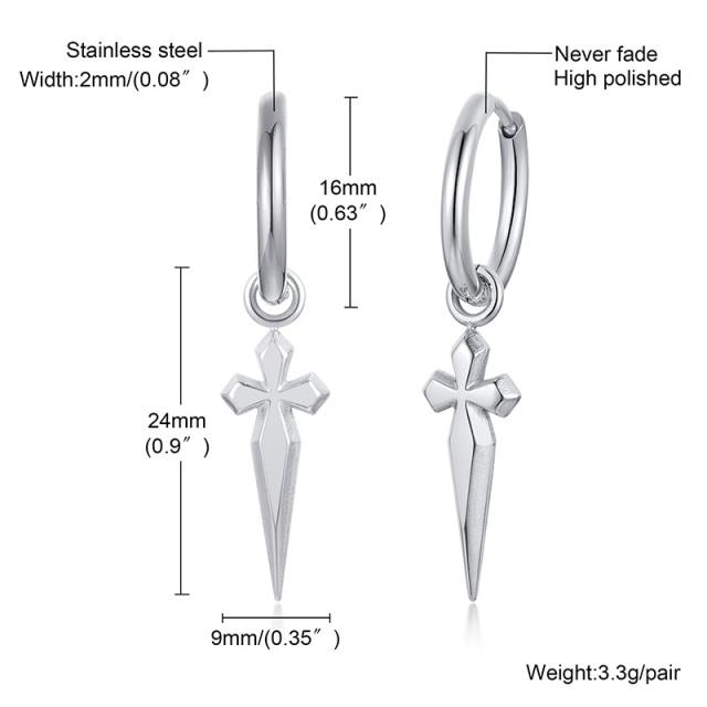 Huggie-Creolen für Herren, minimalistische Ohrringe mit Schwert und Kreuz, Bikerschmuck aus Edelstahl für Herren von Joom DACH