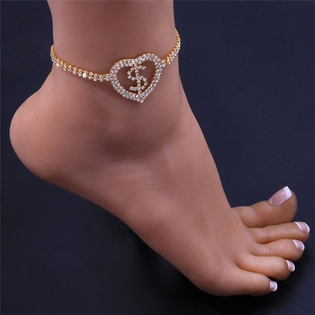 Huitan Neuankömmling $$$Zeichen Herz Fußkettchen für Frauen Voll Bling Ice Out Beinkette Barfußsandalen Armband Sommerparty Schmuck 20cm von Joom DACH