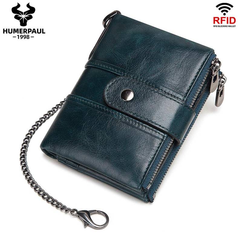 Humerpaul Echtes Leder Männer Brieftaschen RFID Kleine Kurze Karte Halter Mit Geldbörse Kette Männlichen Geld Tasche Qualität blau von Joom DACH