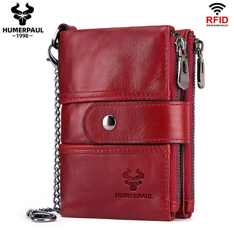 Humerpaul Echtes Leder Männer Brieftaschen RFID Kleine Kurze Karte Halter Mit Geldbörse Kette Männlichen Geld Tasche Qualität rot von Joom DACH