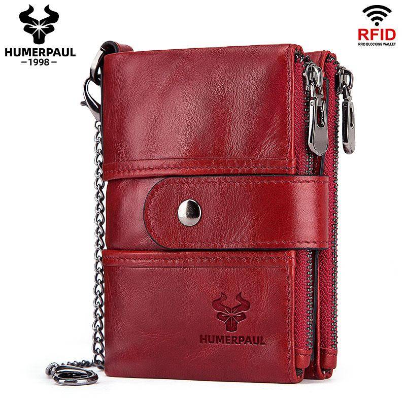 Humerpaul Echtes Leder Männer Brieftaschen RFID Kleine Kurze Karte Halter Mit Geldbörse Kette Männlichen Geld Tasche Qualität rot von Joom DACH