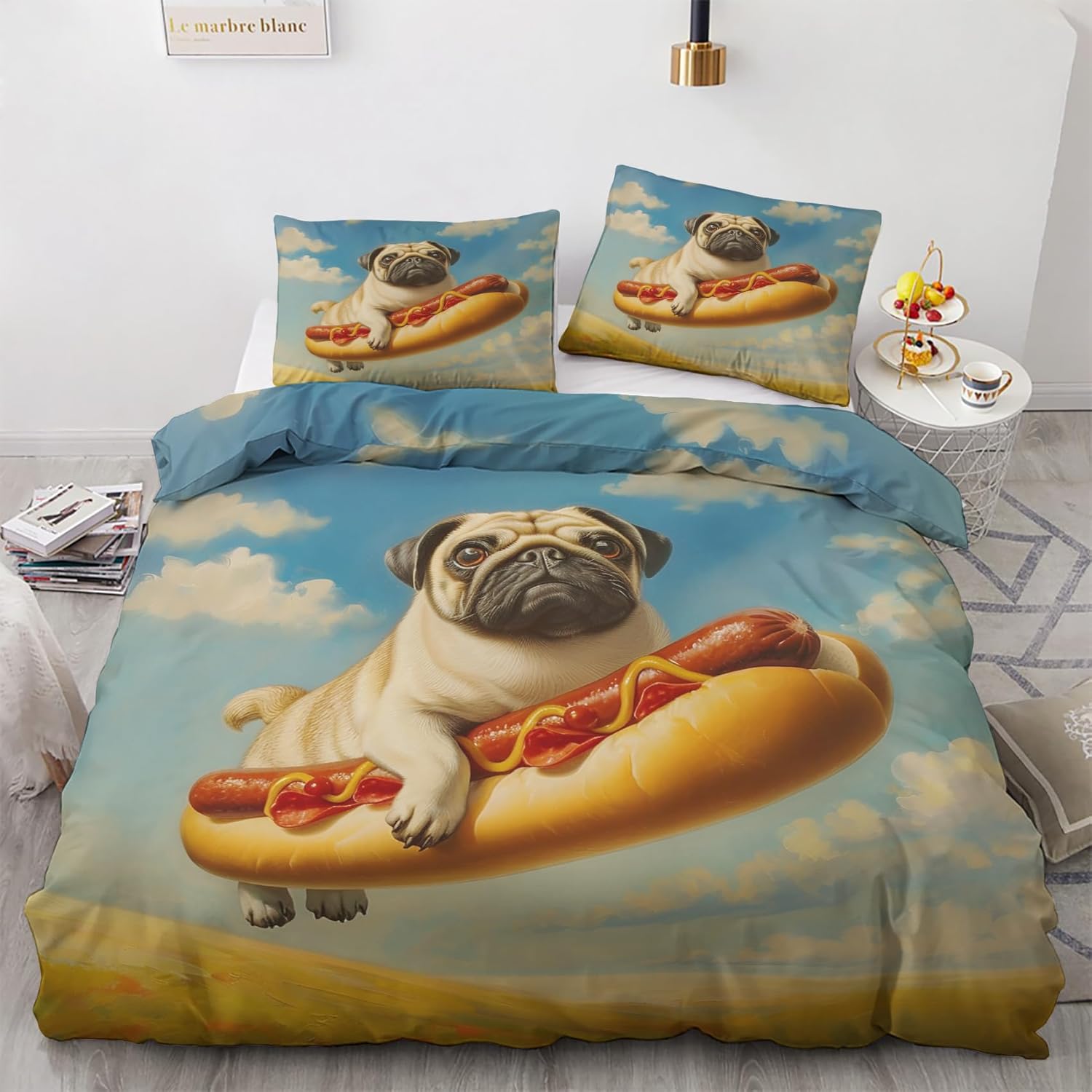 Hunde Pfoten Dekoration Bettwäsche Set, Bulldogge Bunt Bettbezug 2er Set mit Kissenbezug, Mikrofaser Bettbezug mit Reißverschluss 135x200cm von Joom DACH