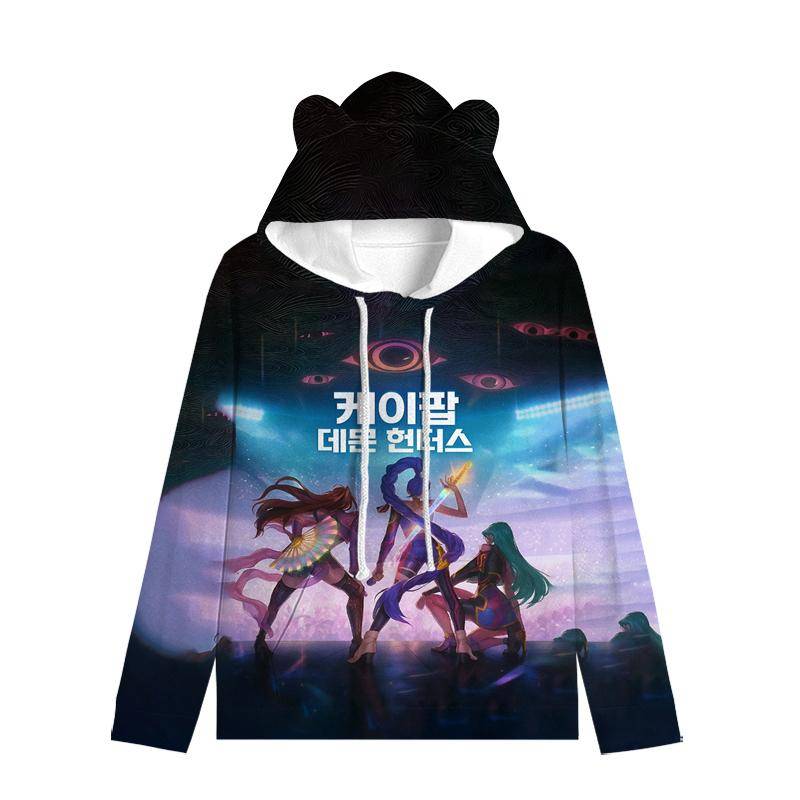 Huntrix Mädchen Katze Ohren Kapuzenpullover Cartoon KPop Dämonenjäger Kordelzug Dick Pullover Zoey Rumi Mira Mittellang Warmer Hoodie 140 schwarz von Joom DACH