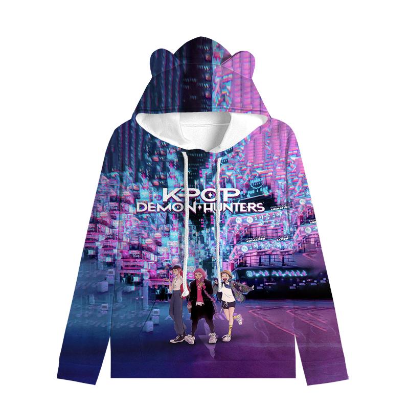 Huntrix Mädchen Katze Ohren Kapuzenpullover Cartoon KPop Dämonenjäger Kordelzug Dick Pullover Zoey Rumi Mira Mittellang Warmer Hoodie 140 von Joom DACH