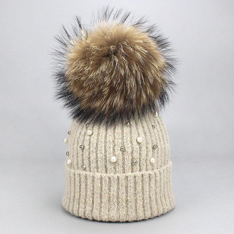 Hut Weiche Wolle Mützen Frauen Echte Natürliche Pelz Pom Poms Mode Perle Gestrickte Hut Mädchen Weibliche Beanie Kappe Pompom winter Hüte für Frauen A von Joom DACH