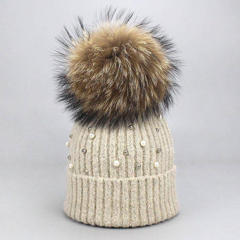 Hut Weiche Wolle Mützen Frauen Echte Natürliche Pelz Pom Poms Mode Perle Gestrickte Hut Mädchen Weibliche Beanie Kappe Pompom winter Hüte für Frauen A von Joom DACH