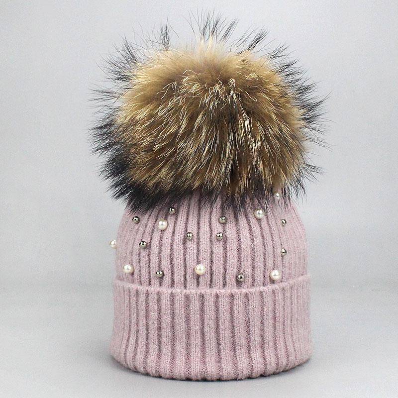 Hut Weiche Wolle Mützen Frauen Echte Natürliche Pelz Pom Poms Mode Perle Gestrickte Hut Mädchen Weibliche Beanie Kappe Pompom winter Hüte für Frauen C von Joom DACH