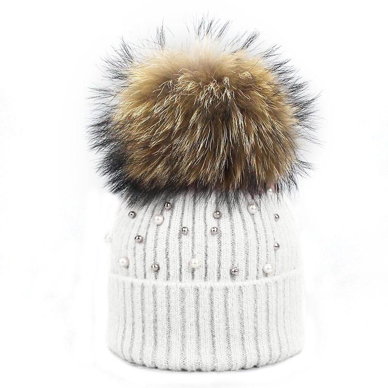Hut Weiche Wolle Mützen Frauen Echte Natürliche Pelz Pom Poms Mode Perle Gestrickte Hut Mädchen Weibliche Beanie Kappe Pompom winter Hüte für Frauen D von Joom DACH