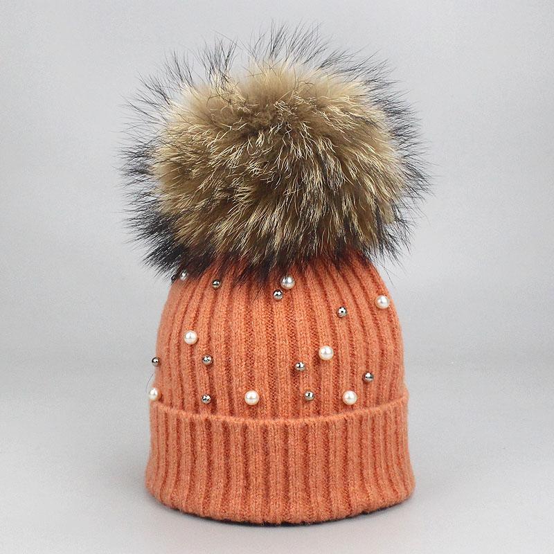 Hut Weiche Wolle Mützen Frauen Echte Natürliche Pelz Pom Poms Mode Perle Gestrickte Hut Mädchen Weibliche Beanie Kappe Pompom winter Hüte für Frauen E von Joom DACH
