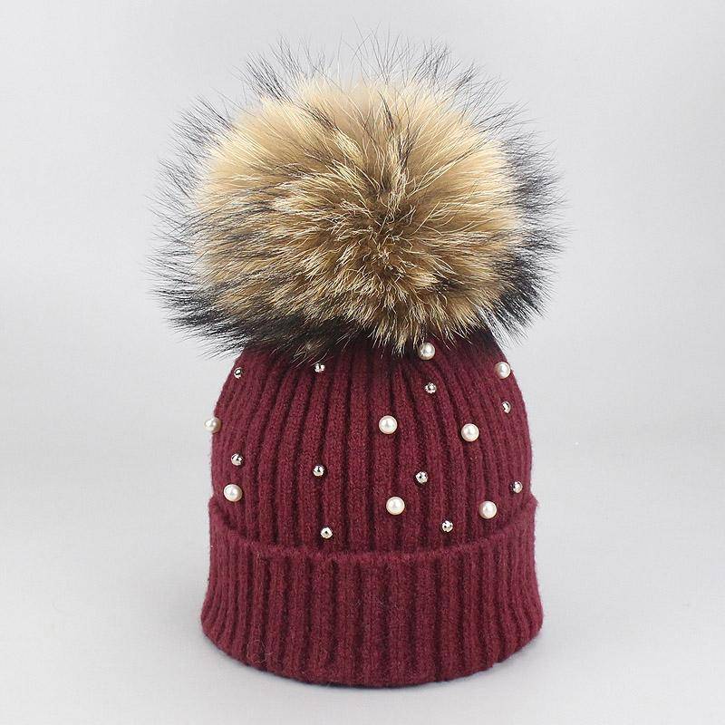 Hut Weiche Wolle Mützen Frauen Echte Natürliche Pelz Pom Poms Mode Perle Gestrickte Hut Mädchen Weibliche Beanie Kappe Pompom winter Hüte für Frauen F von Joom DACH