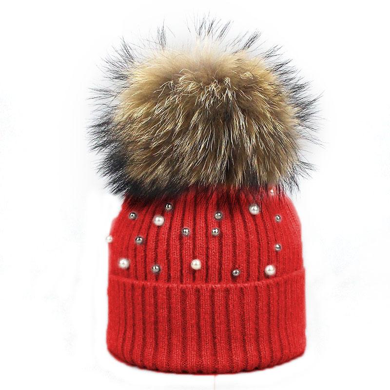 Hut Weiche Wolle Mützen Frauen Echte Natürliche Pelz Pom Poms Mode Perle Gestrickte Hut Mädchen Weibliche Beanie Kappe Pompom winter Hüte für Frauen K von Joom DACH