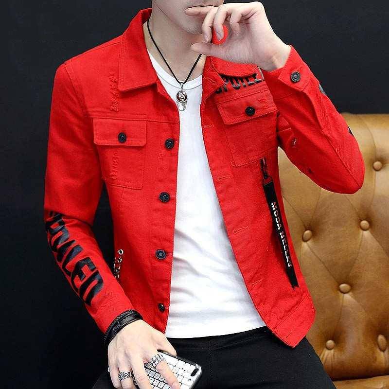 IELGY dünne Jacke für Herren, koreanischer Stil, schmale Denim-Kleidung, trendige Persönlichkeit XL rot von Joom DACH