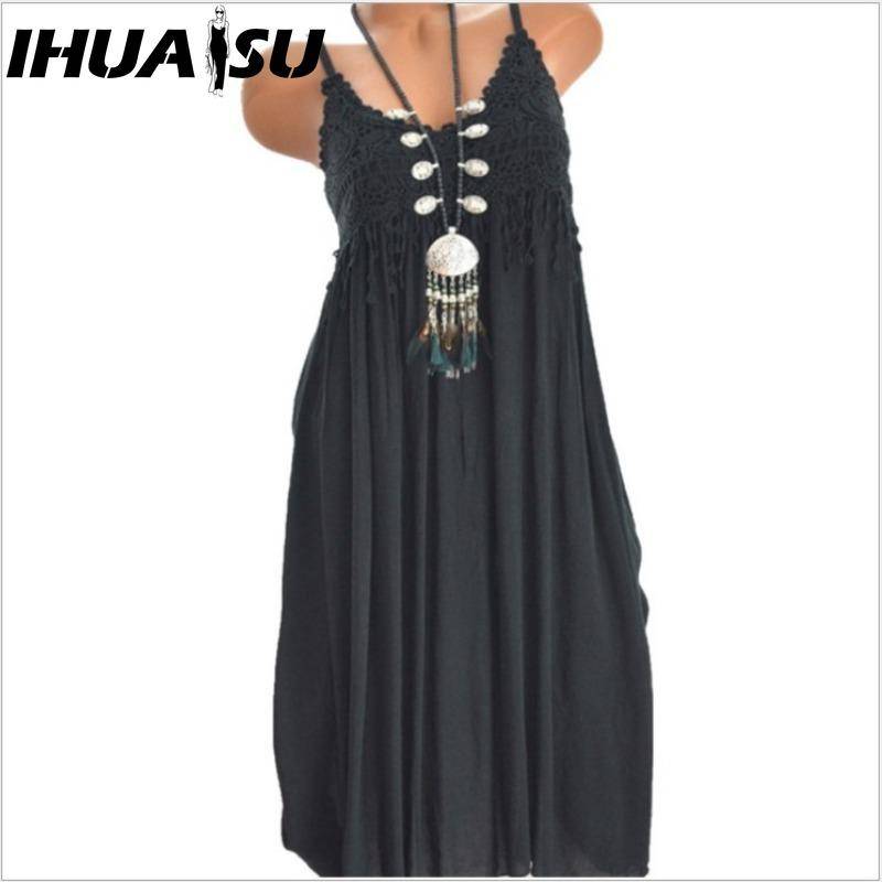 IHUASU Damenmode Sommer Frühling Einfarbig Druck Ärmellos Träger Hohe Taille Lässige Kleider L schwarz von Joom DACH