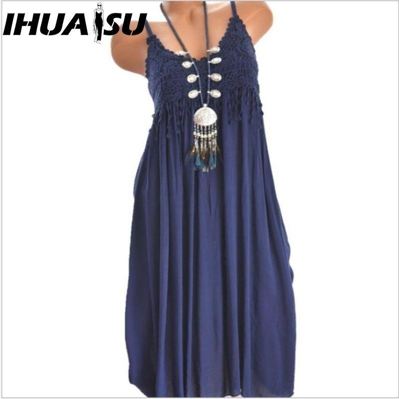 IHUASU Damenmode Sommer Frühling Einfarbig Druck Ärmellos Träger Hohe Taille Lässige Kleider XXXL navy blau von Joom DACH
