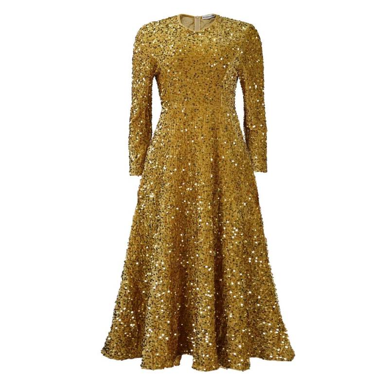 IHUASU Frühling Herbst Damen Rundhals Langarm Einfarbig Pailletten Hohe Taille Stil Langes Kleid mit hoher Taille L champagner von Joom DACH