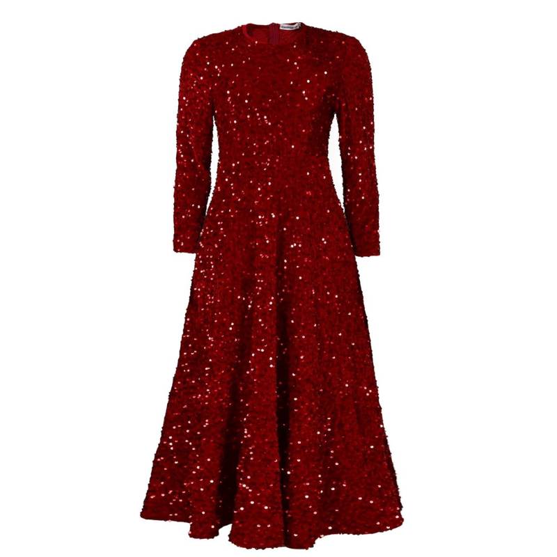 IHUASU Frühling Herbst Damen Rundhals Langarm Einfarbig Pailletten Hohe Taille Stil Langes Kleid mit hoher Taille XXXL rot von Joom DACH