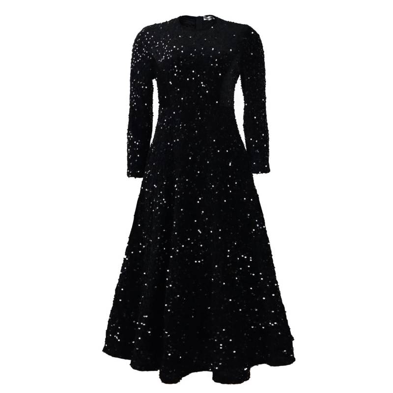 IHUASU Frühling Herbst Damen Rundhals Langarm Einfarbig Pailletten Hohe Taille Stil Langes Kleid mit hoher Taille XXXL schwarz von Joom DACH