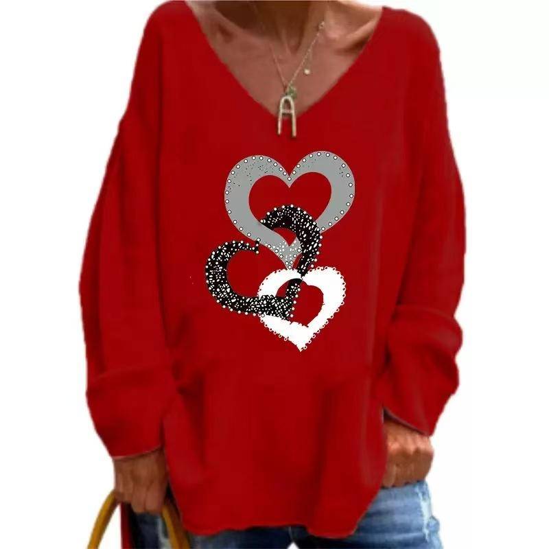 IHUASU Herbst Winter Damen Einfarbig V-Ausschnitt Langarm Locker Lässig Bequem T-Shirt Top XL rot von Joom DACH