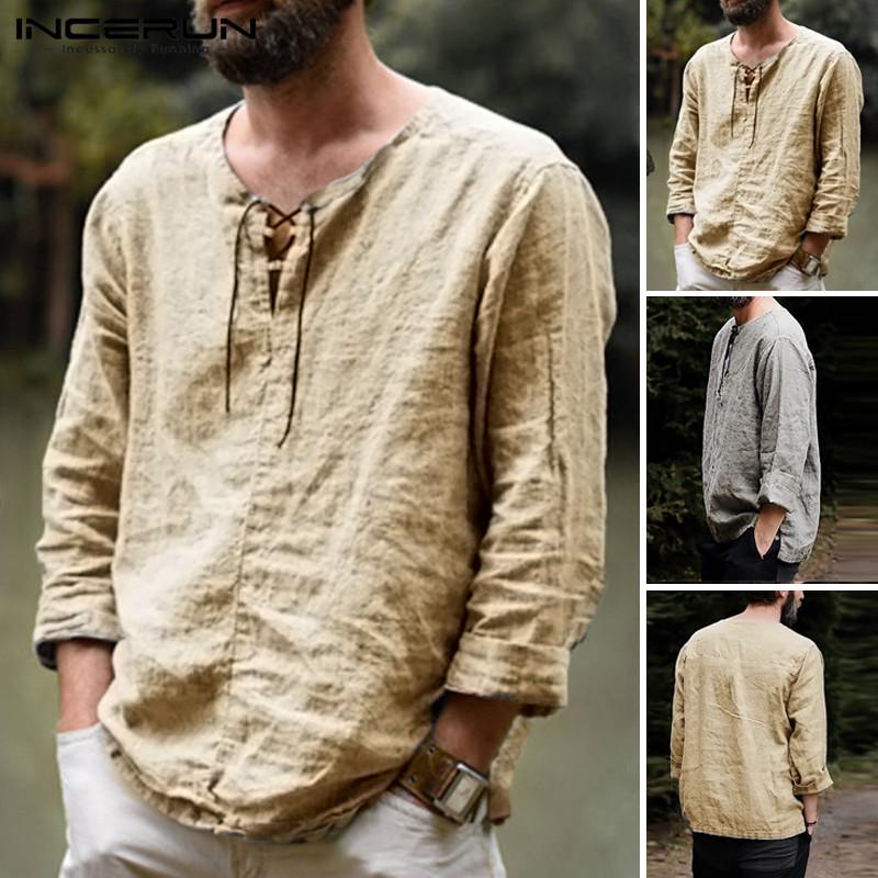 INCERUN 100 % Baumwolle Herren Langarm-Schnürhemden Vintage einfarbige Freizeithemd-Oberteile S-XXXXXL S khaki INCERUN 100 % Baumwolle Herren Langarm-Schnürhemden Vintage einfarbige Freizeithemd-Oberteile S-XXXXXL S khaki von Joom DACH