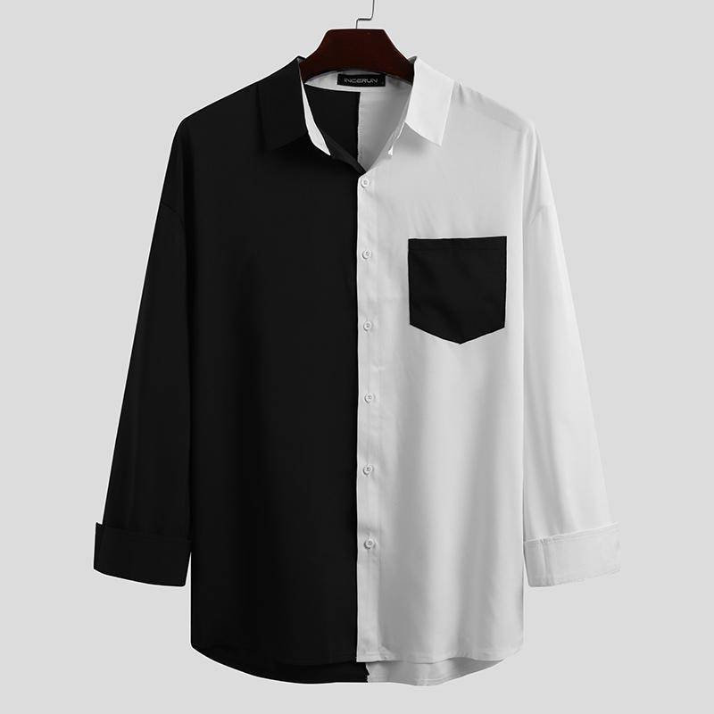 INCERUN 100 % Polyester-Hemd für Herren, langärmelige Hemden, Übergröße, Patchwork-Knöpfe, Oberteile 3XL schwarz von Joom DACH