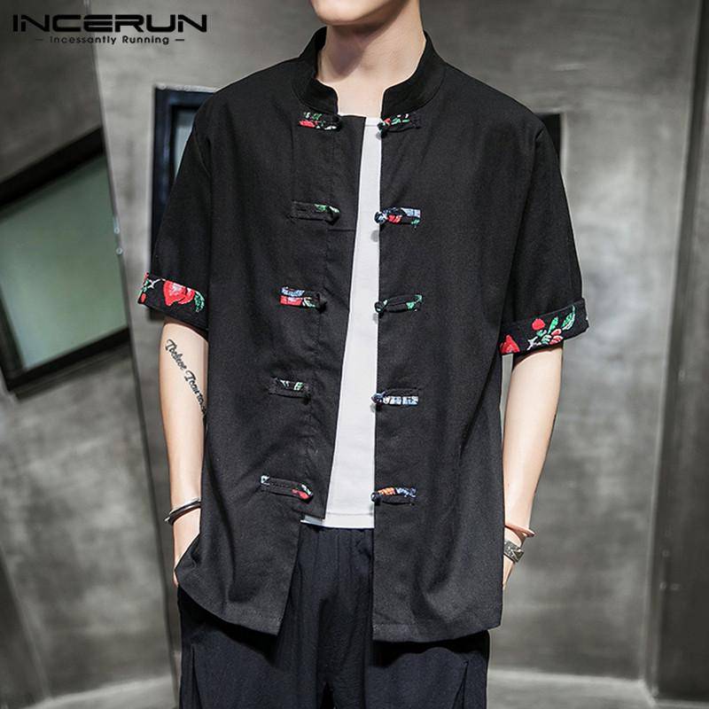 INCERUN Chinesisches Traditionelles Hemd 2021 Sommer Casual Herren Kurzarm Leinen Baumwollhemd Herren Top XL schwarz von Joom DACH