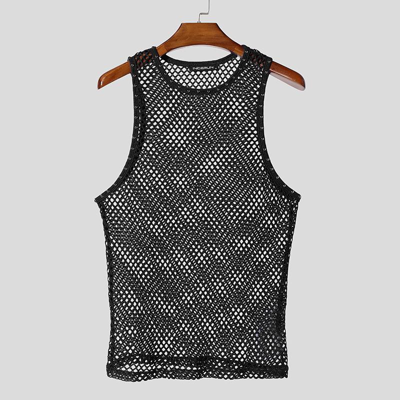 INCERUN Herren Ärmellose Durchsichtige Nieten-Patchwork Freizeit Tanktops 2XL schwarz von Joom DACH
