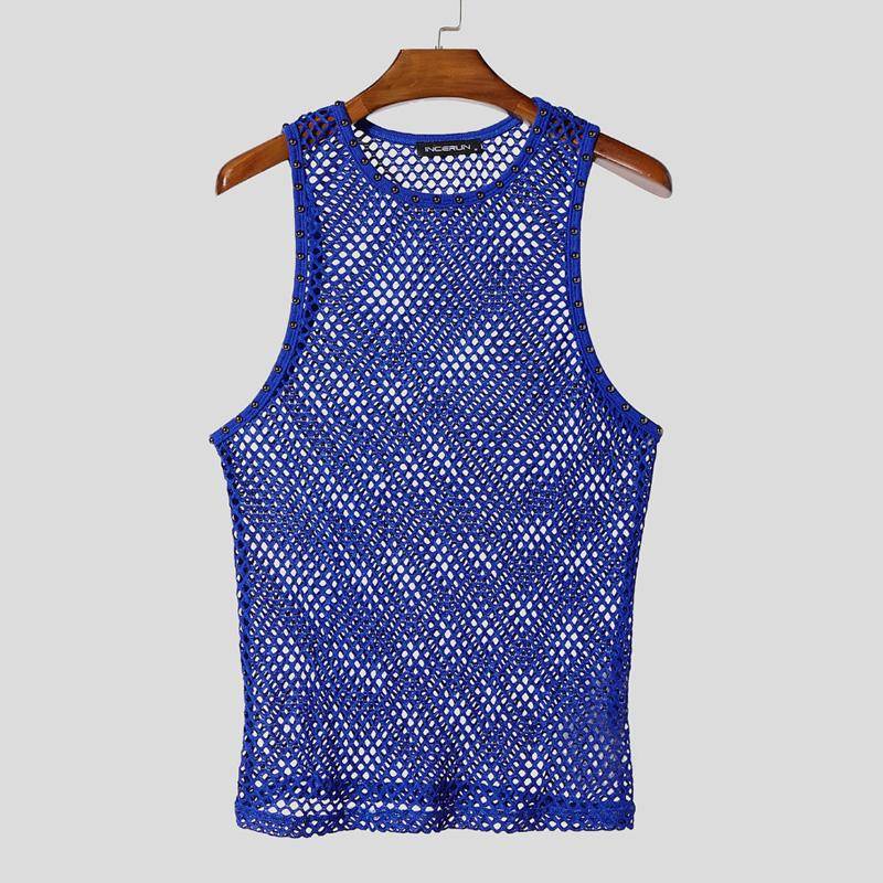 INCERUN Herren Ärmellose Durchsichtige Nieten-Patchwork Freizeit Tanktops 3XL blau von Joom DACH