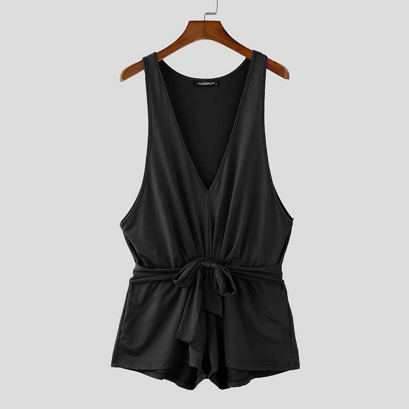 INCERUN Herren Deep V Jumpsuits Ärmellos Bandage Vorne Kurzer Strampler Bodysuits 4XL von Joom DACH