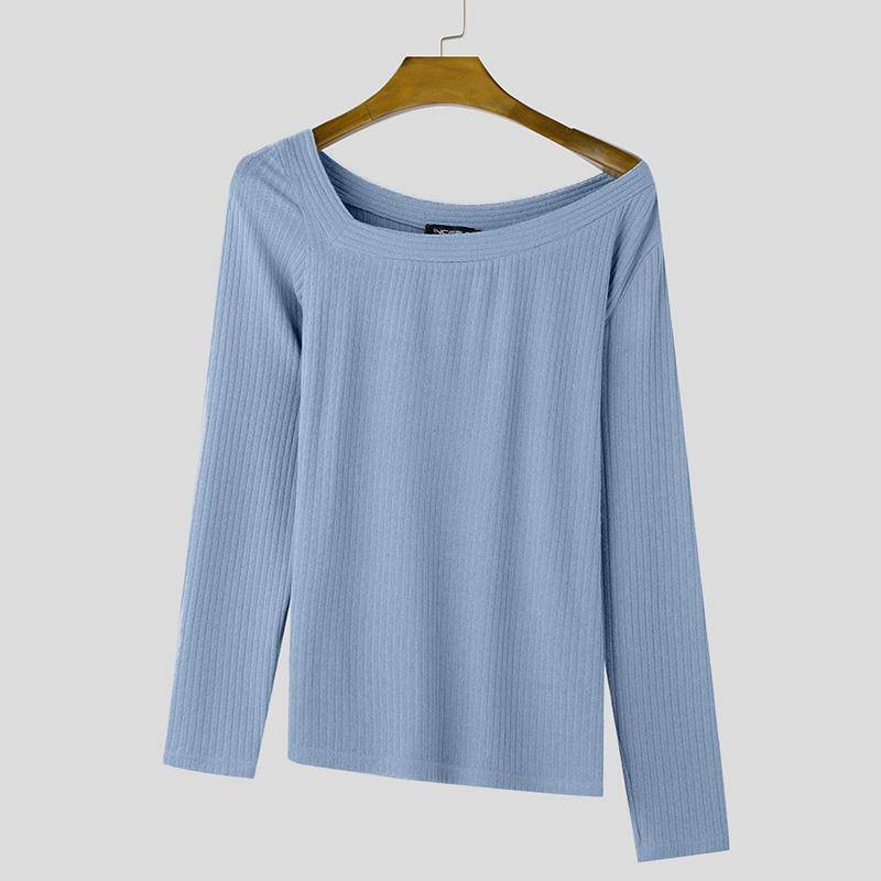 INCERUN Herren Ein Schulter Figurbetont Textur Langarm Unregelmäßige Oberteile Unterhemden M blau von Joom DACH