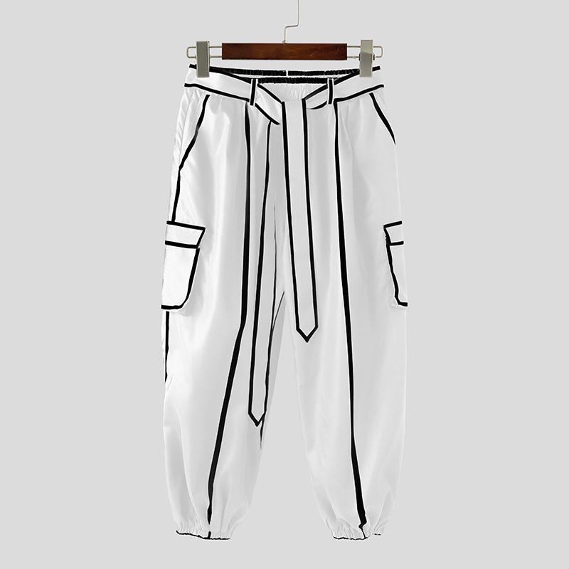 INCERUN Herren Elastischer Bund Kontrastfarbiger Gürtel Lässige Dünne Haremshose mit Taschen 5XL schwarz von Joom DACH