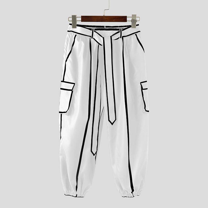 INCERUN Herren Elastischer Bund Kontrastfarbiger Gürtel Lässige Dünne Haremshose mit Taschen 5XL schwarz von Joom DACH