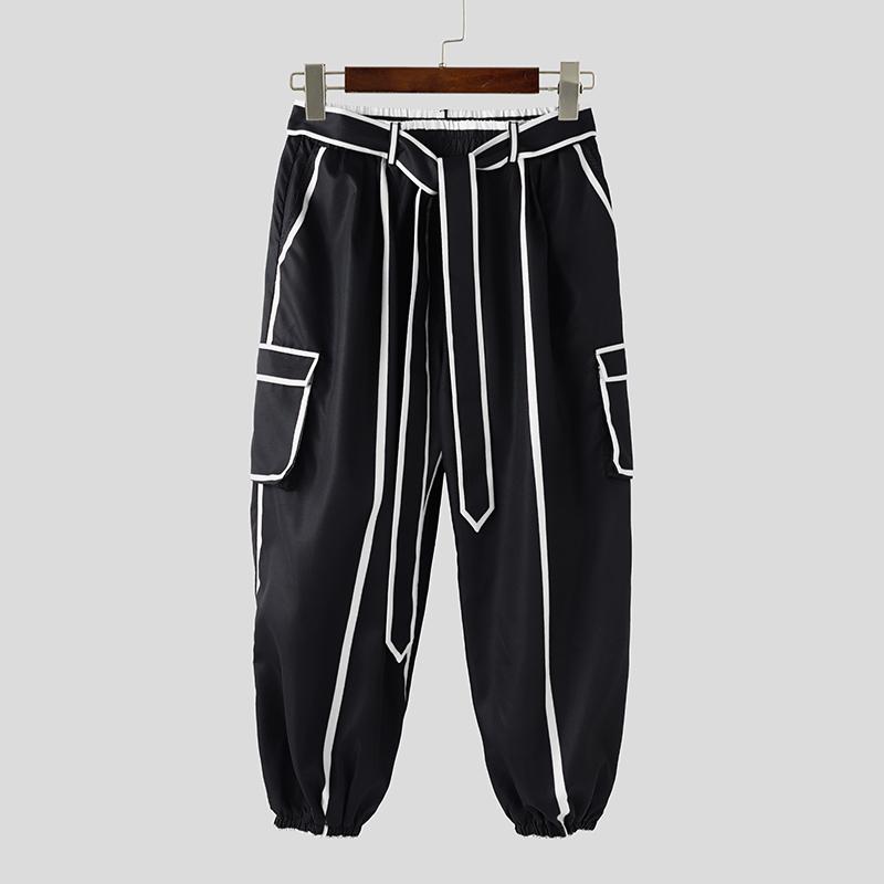 INCERUN Herren Elastischer Bund Kontrastfarbiger Gürtel Lässige Dünne Haremshose mit Taschen L weiß von Joom DACH