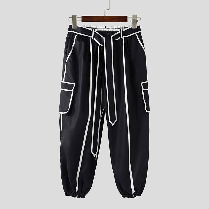 INCERUN Herren Elastischer Bund Kontrastfarbiger Gürtel Lässige Dünne Haremshose mit Taschen L weiß von Joom DACH