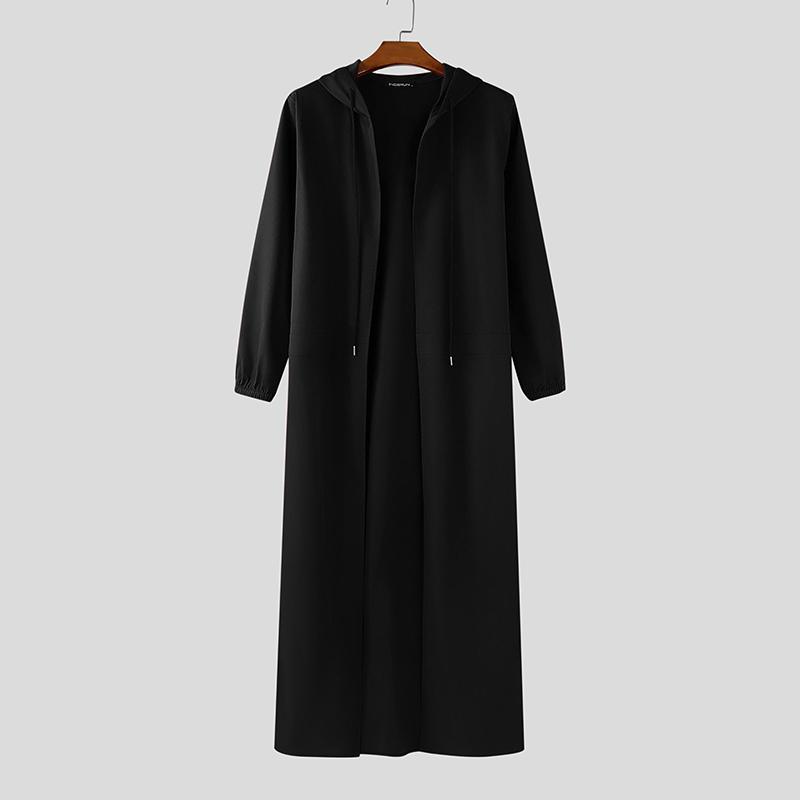 INCERUN Herren Kragenloser Langarm Offene Front Langer Kapuzen-Cardigan Mäntel Windbreaker S schwarz von Joom DACH