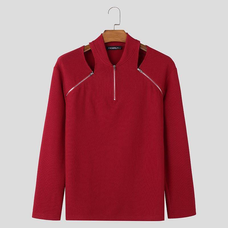 INCERUN Herren Reißverschluss Langarm Cut Out Lässige Ripp-Tops Basic Unterhemden M rot von Joom DACH