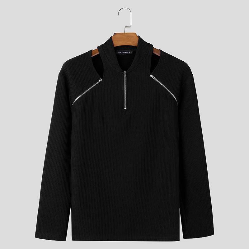 INCERUN Herren Reißverschluss Langarm Cut Out Lässige Ripp-Tops Basic Unterhemden M schwarz von Joom DACH