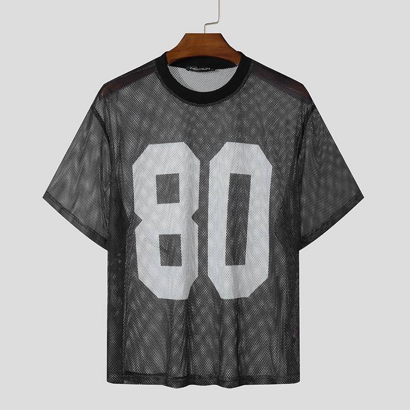INCERUN Herren Rundhals Kurzarm Print Mesh Tops Lässige Netzstoff Sport T-Shirts 2XL schwarz von Joom DACH