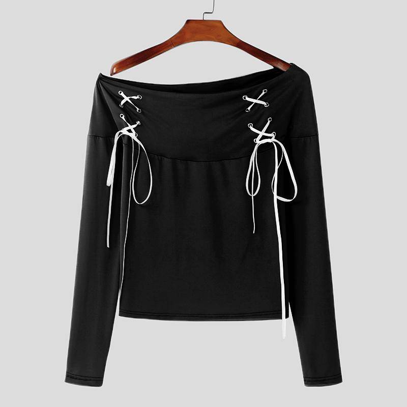 INCERUN Herren Schulterfrei Bandage Schnürung Figurbetont Langarm Crop Tops XL schwarz von Joom DACH