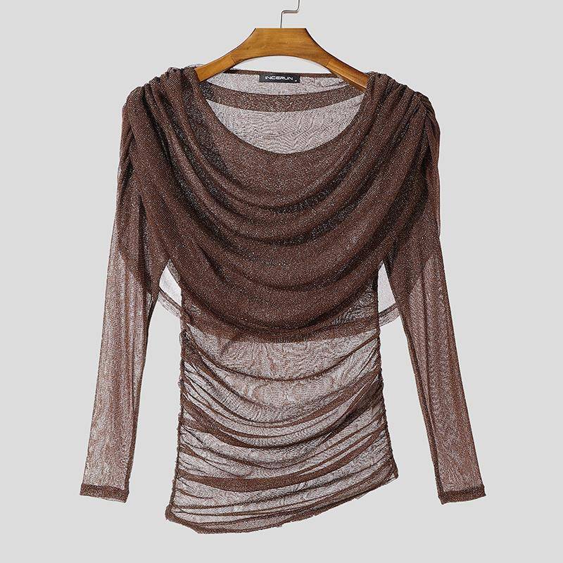 INCERUN Herren Schwingkragen Langarm Rüschenlagen Glitzer Mesh Party Clubwear Tops T-Shirts M braun von Joom DACH