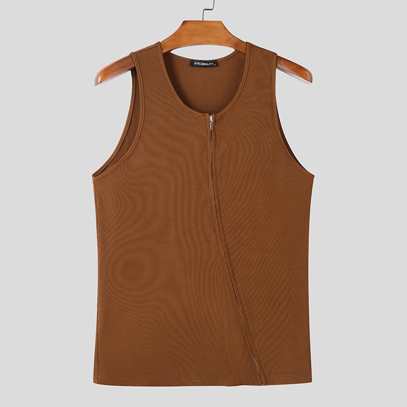 INCERUN Herren Sommer Ärmellos Ripp Front Reißverschluss Lässige Tanktops L braun von Joom DACH