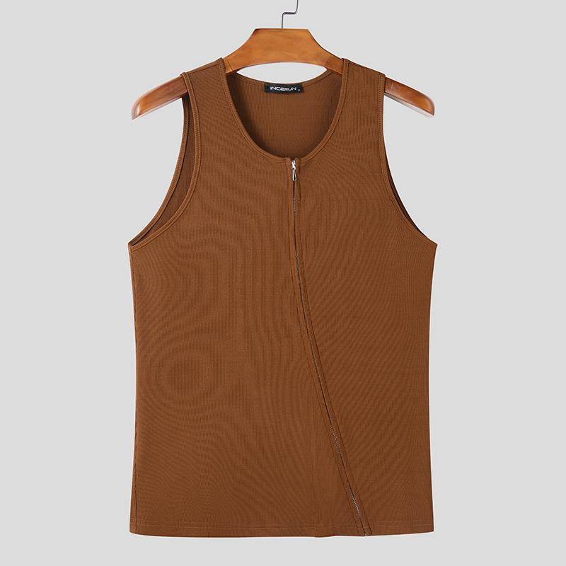INCERUN Herren Sommer Ärmellos Ripp Front Reißverschluss Lässige Tanktops L braun von Joom DACH