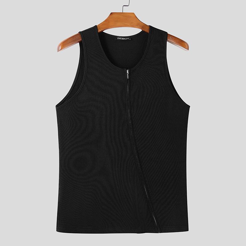 INCERUN Herren Sommer Ärmellos Ripp Front Reißverschluss Lässige Tanktops L schwarz von Joom DACH
