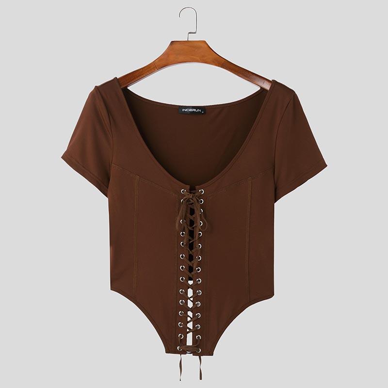 INCERUN Herren Sommer Kurzarm Einfarbig Gerüscht Figurbetont Bandage Figurbetont Cropped T-Shirts Tops 3XL braun von Joom DACH