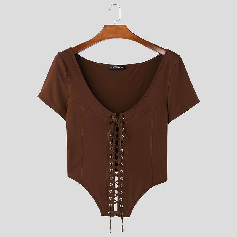 INCERUN Herren Sommer Kurzarm Einfarbig Gerüscht Figurbetont Bandage Figurbetont Cropped T-Shirts Tops 3XL braun von Joom DACH