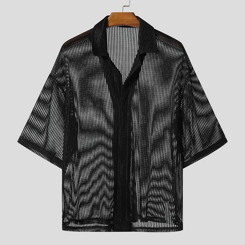 INCERUN Herren Übergroße Kurzarm Durchbrochenes Mesh Durchsichtiges Naht-Tops T-Shirts 5XL schwarz von Joom DACH