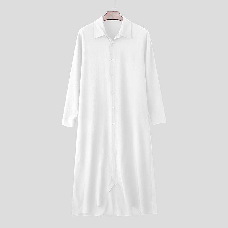 INCERUN Herren Umlegekragen Langarm Knöpfe Unregelmäßiger Saum Hohe Schlitze Lange Hemden Tunika 5XL weiß von Joom DACH